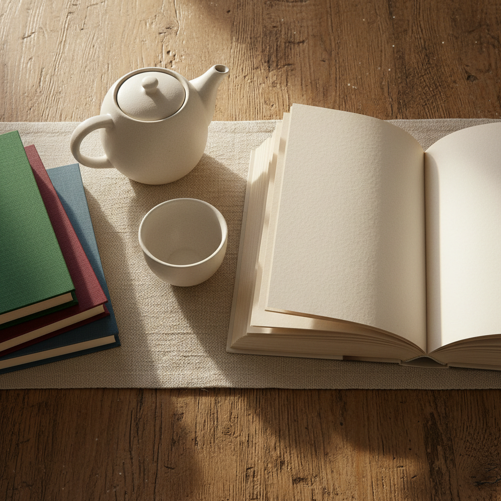 An open book with creamy, deckled-edge pages lies on a rustic oak table, its spine gently curved as if mid-read. Around it are three carefully placed titles, each with minimalist, clothbound covers in shades of forest green, deep burgundy, and slate blue, hinting at a curated selection. A delicate porcelain teapot and cup, both in matte off-white, sit nearby on a linen runner. Soft morning light from an unseen window washes across the scene, creating a calm interplay of highlights and shadows. Photographic realism, shot from a top-down perspective with sharp focus throughout. The mood is serene and reflective, evoking the quiet pleasure of exploring meaningful recommendations in a thoughtfully curated reading space.