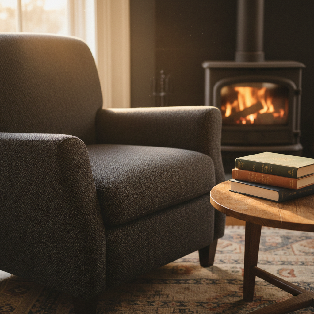 A deep, oversized armchair upholstered in dark charcoal tweed, positioned beside a low, round wooden table that holds a small tower of thoughtfully curated books in varying sizes and muted covers. A cast-iron stove with a softly glowing fire sits in the background, slightly out of focus, suggesting the warmth of a hearth. Soft, diffused golden hour light enters from the side, catching the edges of the chair and the subtle sheen of the book jackets. Photographic realism with a slightly elevated angle, using rule-of-thirds composition. The atmosphere is intimate and inviting, with a refined, literary charm that suggests a perfect corner for immersive reading and quiet discovery.