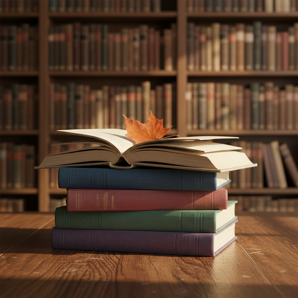 A meticulously arranged stack of hardcover books with textured linen spines in muted jewel tones, resting on an antique wooden table with a rich, timeworn grain. An open volume lies on top, its creamy pages slightly curled, a single dried autumn leaf marking a chapter. In the background, floor-to-ceiling bookshelves fade into a soft blur, filled with well-loved novels. Warm late-afternoon sunlight filters through an unseen window, casting gentle, golden beams and elongated shadows across the table. Photographic realism, captured at eye level with a shallow depth of field, emphasizing the tactile details of paper and fabric. The mood is cozy, contemplative, and sophisticated, evoking the quiet anticipation of discovering a meaningful story.